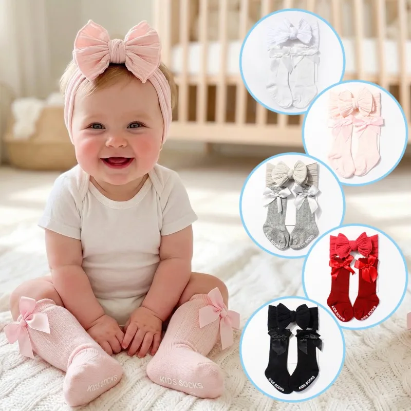 Clothing Accessories for Baby Birthday Parties，Double Bow Baby Headband and Socks Set Cute Princess Style Baby Two-piece Set