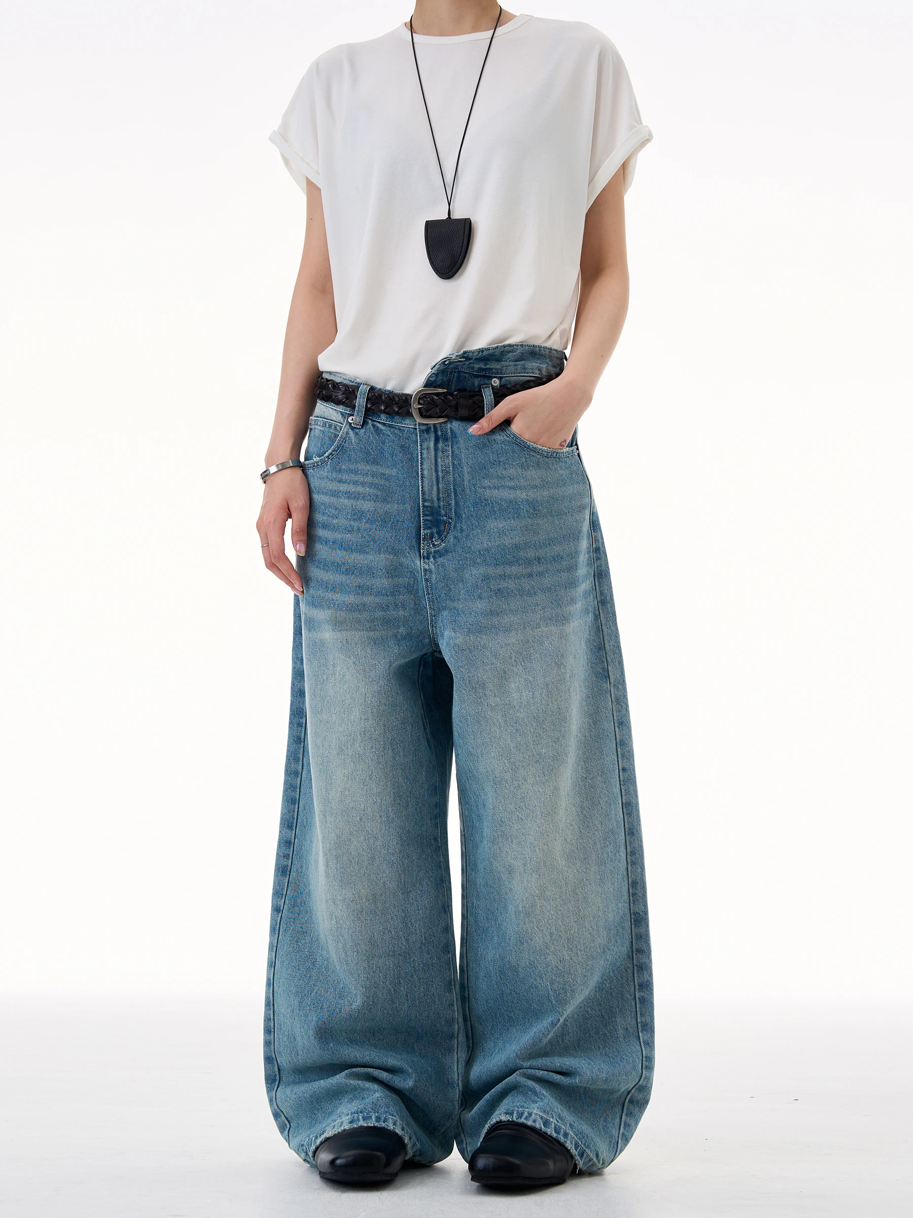 

MADWITCH Американские широкие джинсы с завышенной талией Свободный крой и винтажные повседневные длинные брюки для молодежи на молнии со средней талией