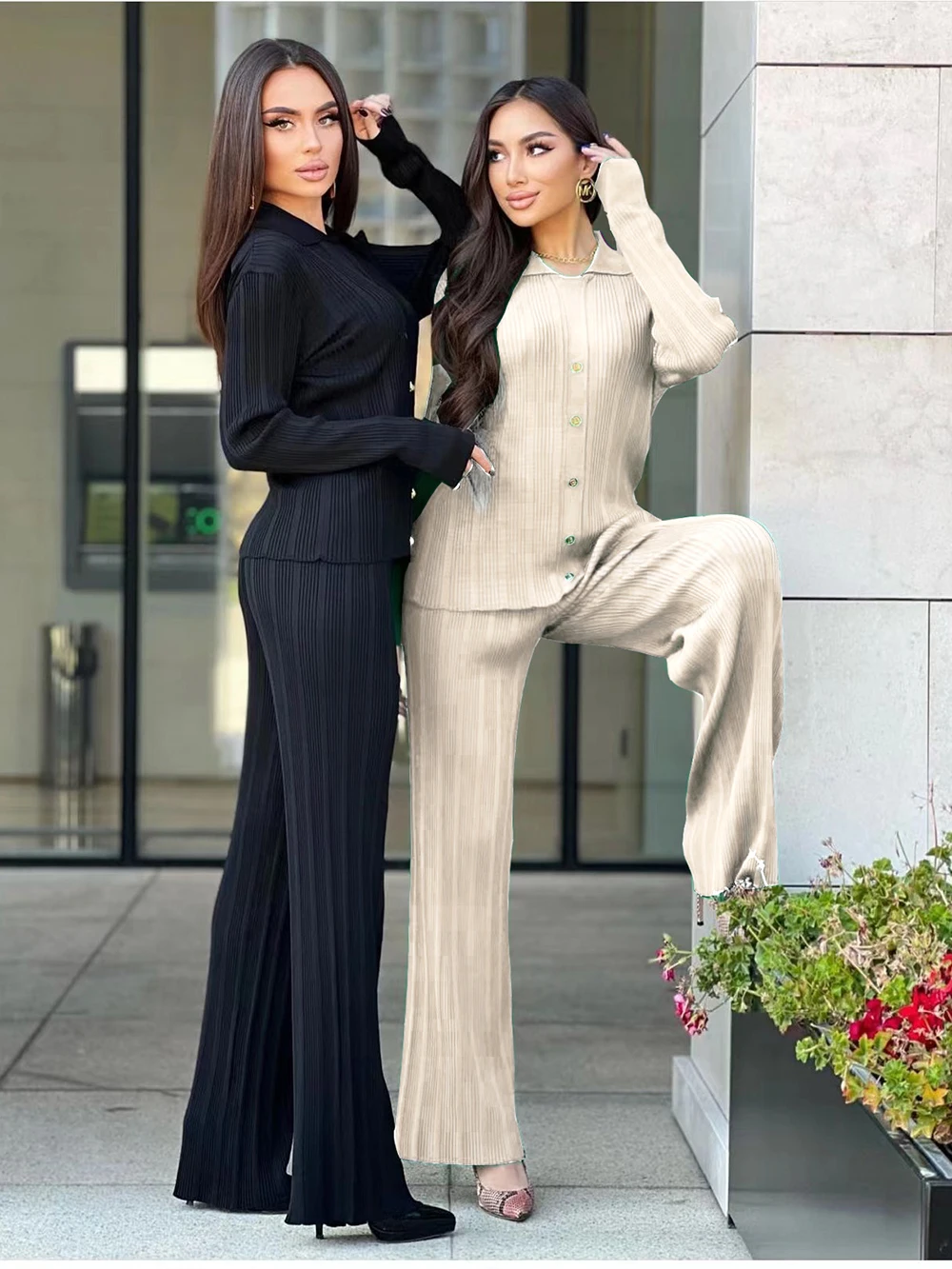 

Wixra Women Solid Slim Sets Turn Down Collar Button Pullover Sweater+High Waist Flare Pants Trousers Knitted Female Suits