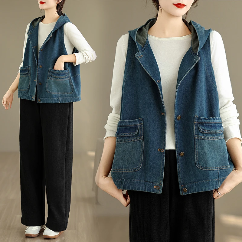 

Large Size Chic Women's Spring Autumn Hooded Denim Vest Svel oulder Pad Top Commute Sle Regular Length Outerwear