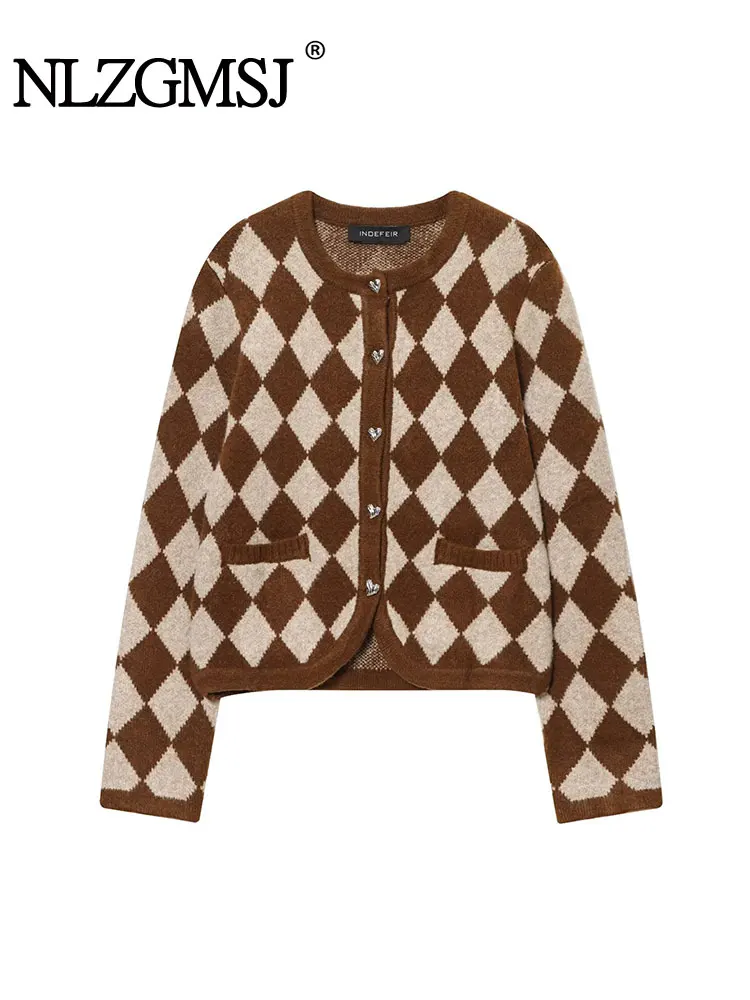 

NLZGMSJ Women 2025 Autumn New Knit Diamond Pattern Jacquard Long Sleeve Round Neck Knitted Cardigan Coat