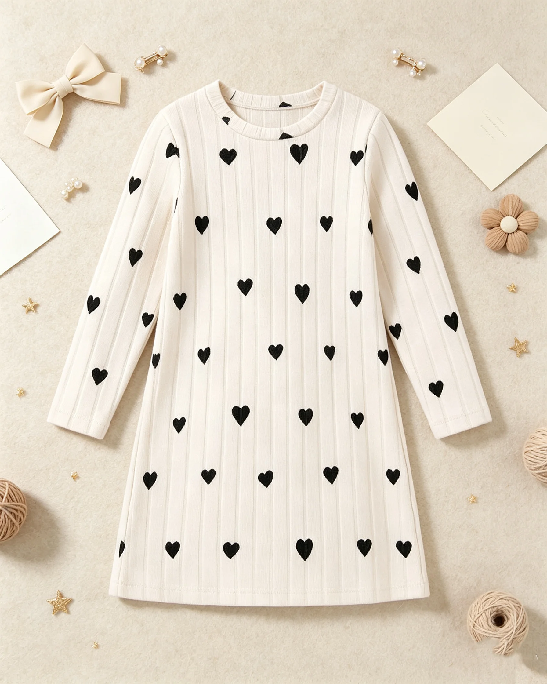 Casual dress with round neck, long sleeves, and heart-shaped printed pit stripe, popular style, suitable for daily travel