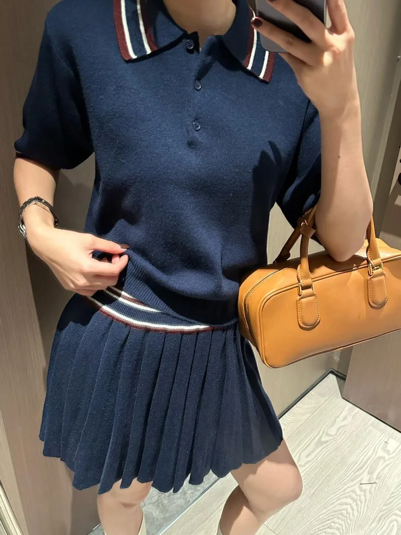 2024 Autumn New Women's Polo Shirt Fashion and Exquisite College Style Knitted Top+Wrinkled Knitted Half Skirt