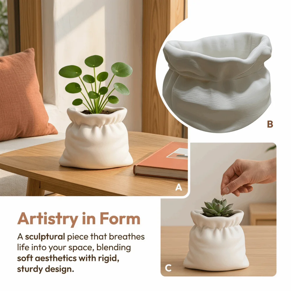 3D Printed Planter Vase Pouch Shape Minimalist Flower Pot Creative Multifunctional Flower Vase Bathroom Decoration