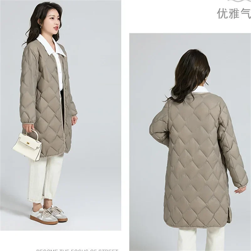 Women Rhombic Lattice Oversize Down Jacket Winter V Neck Warm Light Thin White Coat Female Long Puffer Parkas Outwears