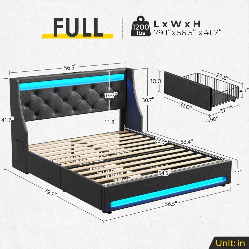 Full Bed Frame with LED Lights and Charging Station, PU Leather Bed with Drawers, Wooden Slats, Noise Free, Easy Assembly,