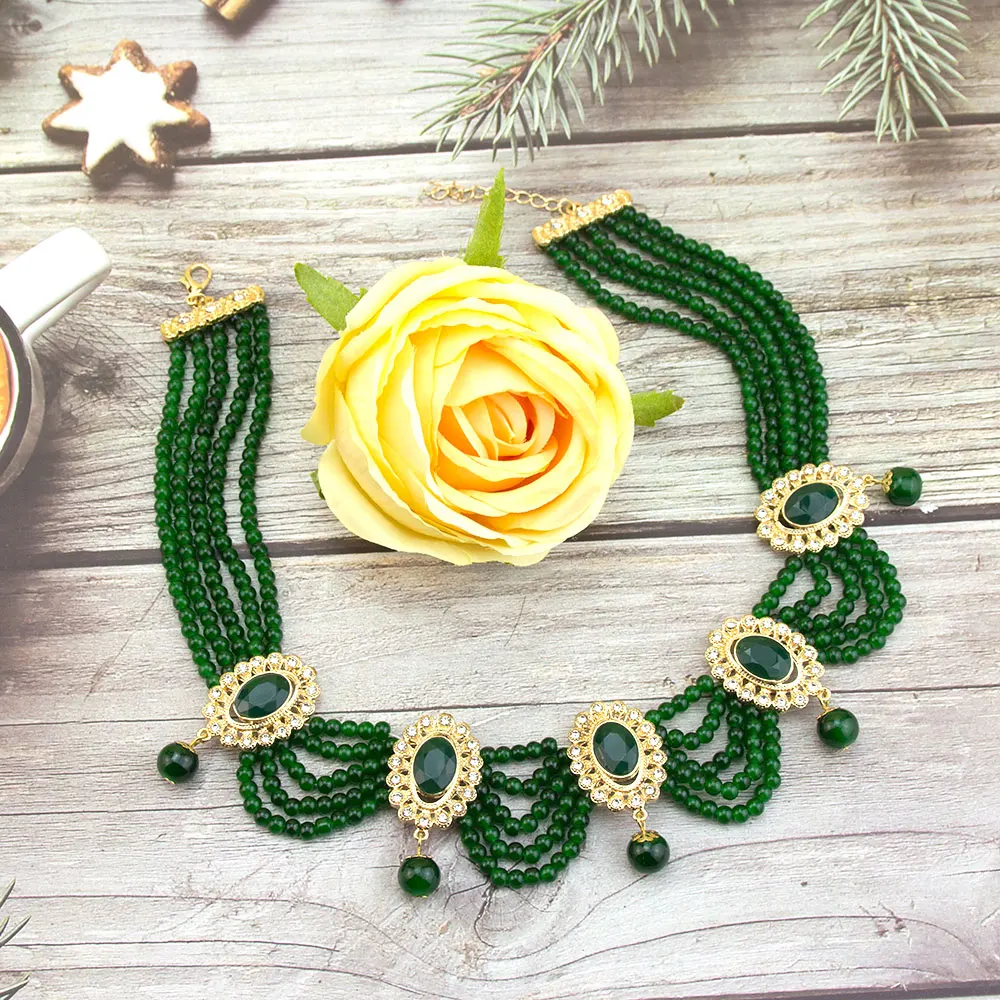 Sunspicems Fashion Algeria Morocco Jewelry Hand Bead Choker Necklace Earring Sets For Women Gold Color Arabic Bridal Bijoux