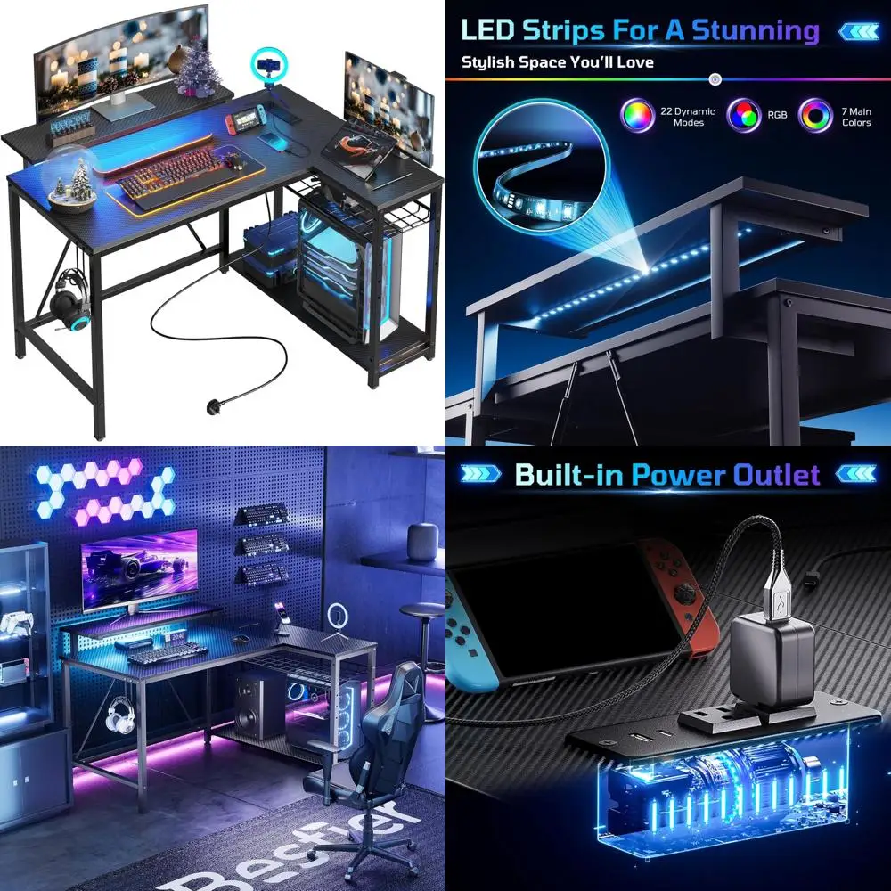 

L-Shaped 42 Gaming Desk with LED Lights, Power Outlets, and Reversible Storage Shelves