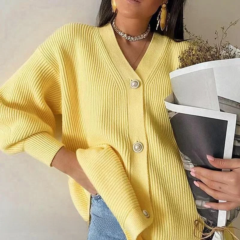 Casual los gebreid vest Pure kleur V-Ne Lange Sve-sweater met knopen Halflange losse pasvorm Dames Herfst Faion