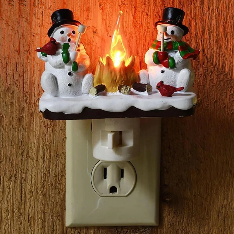 Snowmans And Campfire Night Light  Indoor Flickering Nightlight Decoration 3D LED Small Faux Campfire Night Light  US Plug