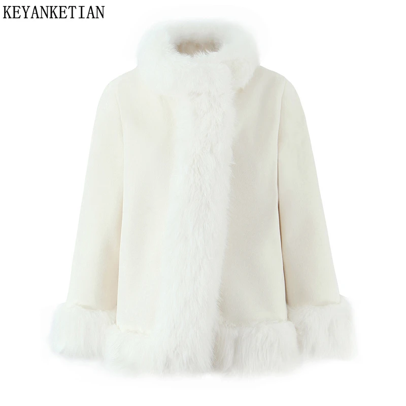 

KEYANKETIAN 2025 Winter New Women's Sweet style Artificial Fur Decorated Woolen Cape Coat Covered Button Loose Thick Warm Top