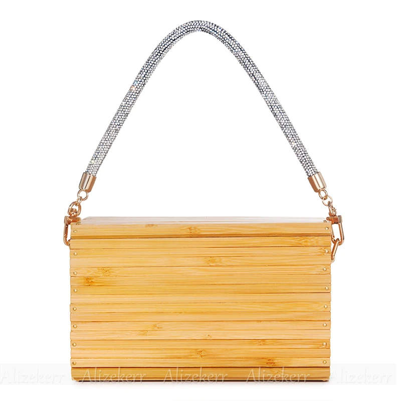 Alizekerr Cuboid Box Bamboo Beach Handbags Women 2024 Boutique Summer Vintage Rhinestone Handle Wood Straw Bags Bohemian Holiday