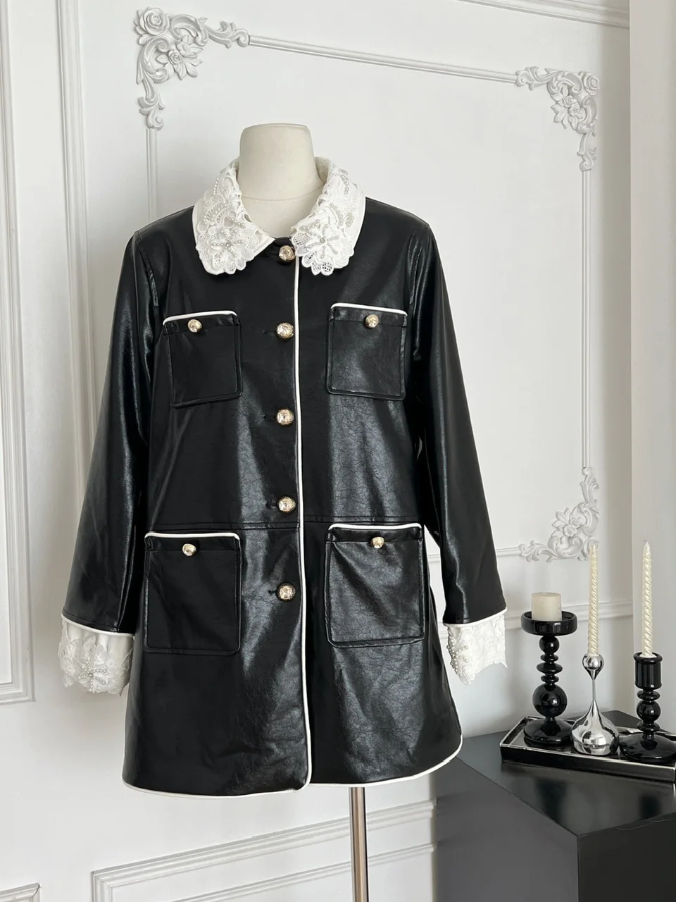 Cappotto in pelle PU ecologico Jaet da donna vintage Sle di media lunghezza con colletto in pizzo Design fatto a mano Colore Bla Calore fornito