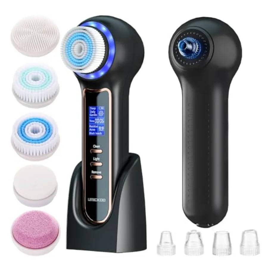 Electric Facial Cleansing Brush with LCD Screen 3-in-1 Face Scrubber and Optional Blackhead Remover Rechargeable IPX7 Waterproo