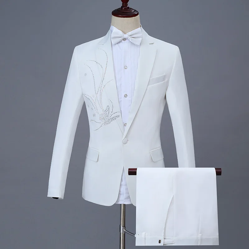 White Wedding Tuxedo Male Suits 2 Piece Blazer Pants Handmade Crystal Singer Costume Prom Host Stage Performance
