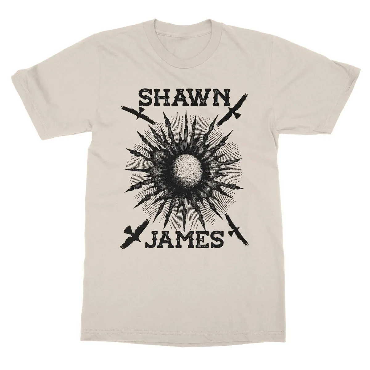 Shawn James Wilderness Sun Raven Theme Print T‑Shirt, Equipped with Vintage Woodcut Sun Graphic Surrounded By Raven