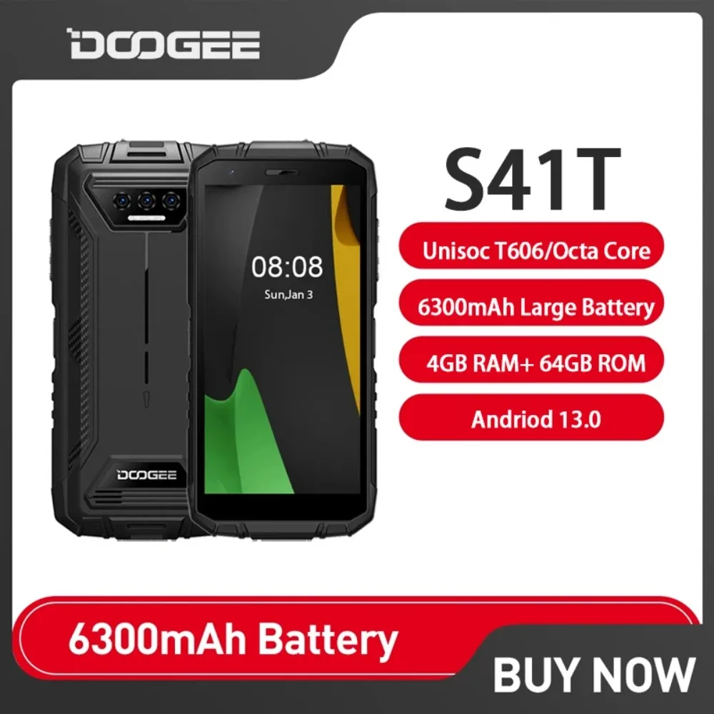 

DOOGEE S41T Rugged Smartphone Android 13 4GB+64GB Mobile Phones 5.5 Inch HD 13MP AI Triple Camera 6300mAh NFC Cell Phone On Sale