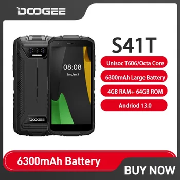 DOOGEE S41T wytrzymały smartfon Android 13 4GB + 64GB telefony komórkowe 5.5 Cal HD 13MP AI potrójny aparat 6300mAh telefon komórkowy NFC na wyprzedaży