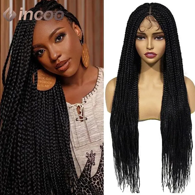 

36" Box Braids Wig Synthetic Full Lace Front Wigs Braided Wigs for Black Women Knotless Box Square Synthetic Hair Wigs African