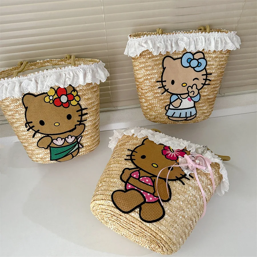 

New Kawaii Sanrio Hello Kittys Woven Bag Cartoon Anime Grass Woven Bag Handbag Fashion Beach Vacation Lace Storage Bag Girl Gift