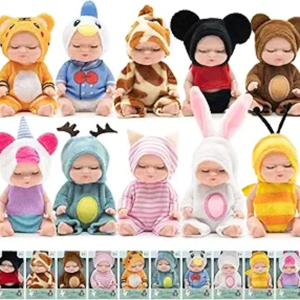 11cm Mini Reborn Baby Doll, Realistic Baby Dolls Washable Tiny Babies with Animal Clothes Cute Baby Doll Kids Christmas Gifts