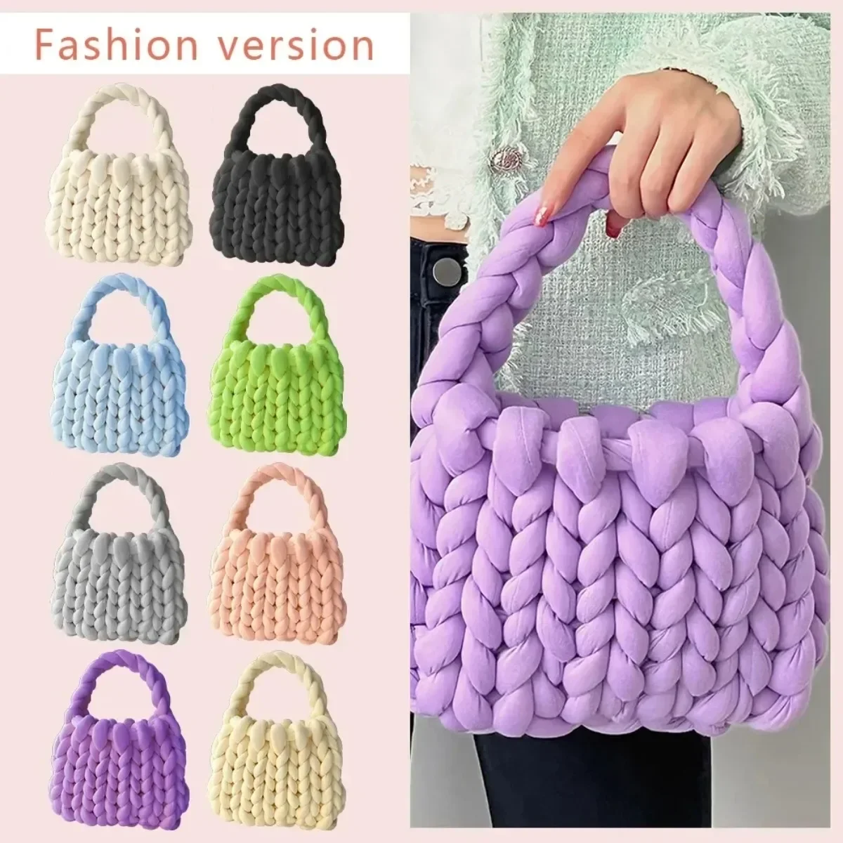 Women Crochet Bag Wool Hand-woven Female Casual Tote Knitting Handbag Shopping Purse Lightweight Breathable Cosmetic Storage Bag