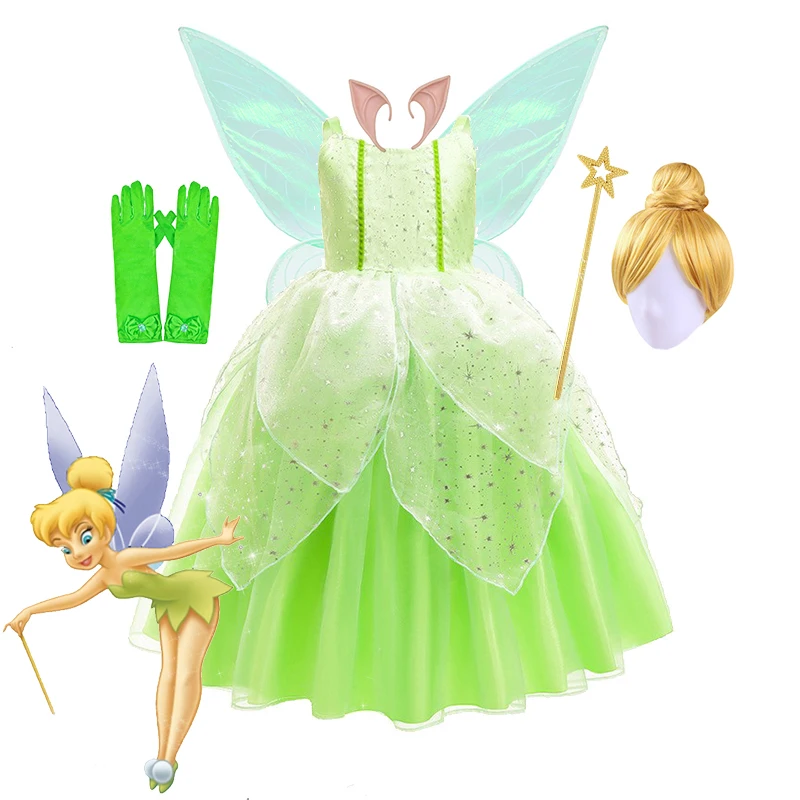 Costume de fée clochette pour filles, Costume d'halloween pour enfants, robe fantaisie verte Disney fée clochette, princesse féerique, Cosplay, fête de carnaval