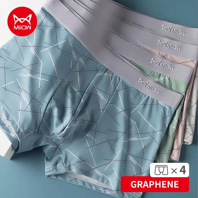

MiiOW 4Pcs Graphene Antibacterial Men Underpants Comfortable Ice Silk Man Underwear Men Boxers Print Breathable Men's Panties