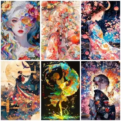 DIY Watercolor Japanese Kimono Lady Diamond Painting, Oriental Sakura&Fan Geisha Combination Home Wall Decor