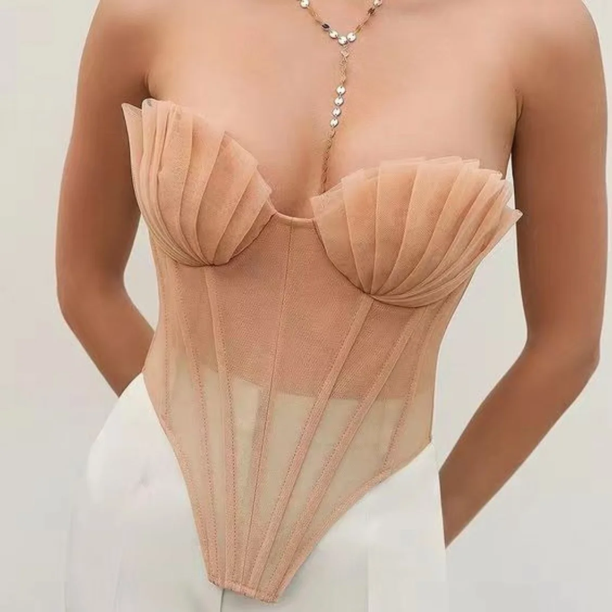 

Sleeveless Shell Mesh Corset Tops Sexy Women Irregular Hem Strapless Bones Slim Vest Lace Up Corselet 2025 Summer Shaper Bustier