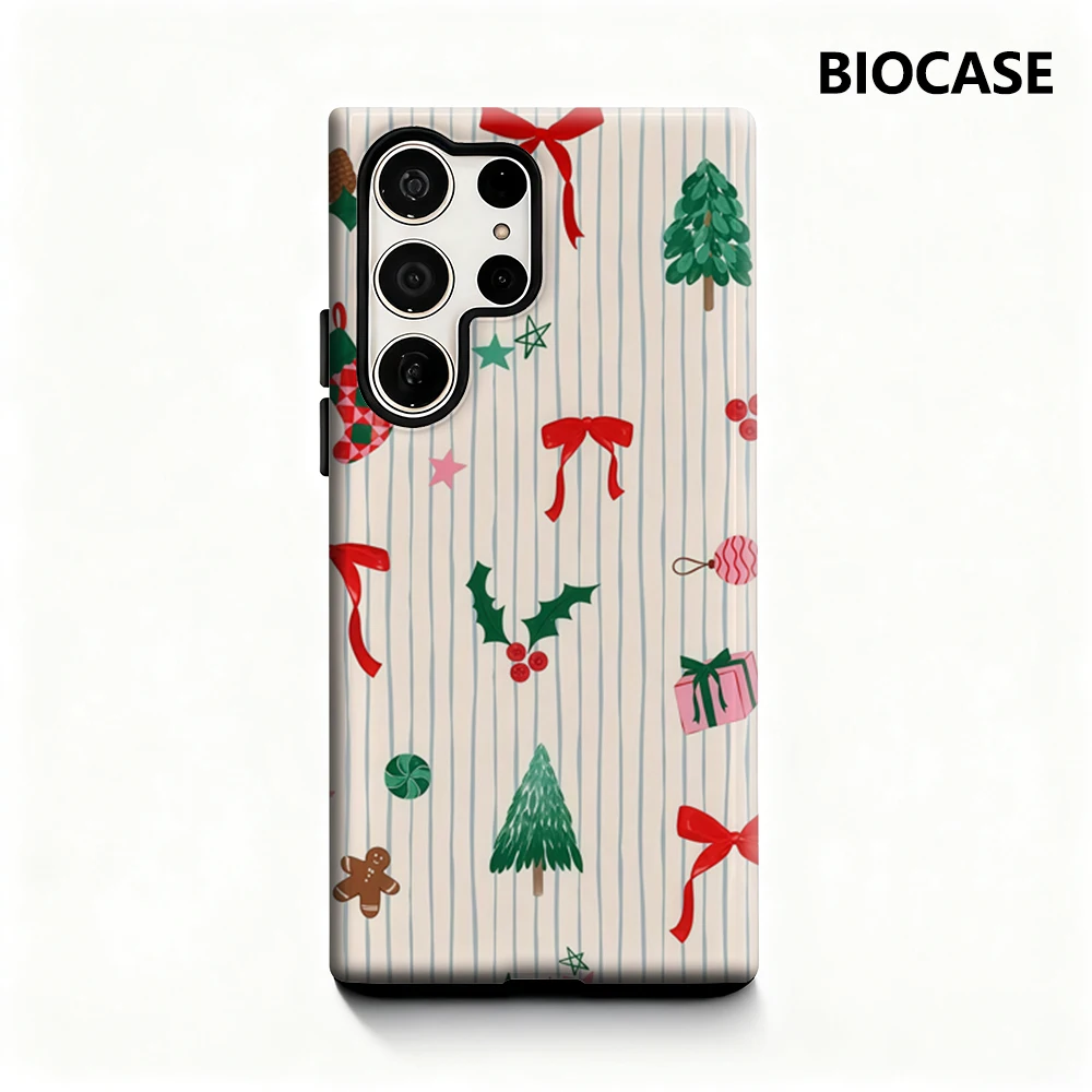 Weihnachtselemente Streifen Handyhülle für Samsung Galaxy S25 Ultra S24 S23 Ultra Plus Glänzende doppellagige Rückseite