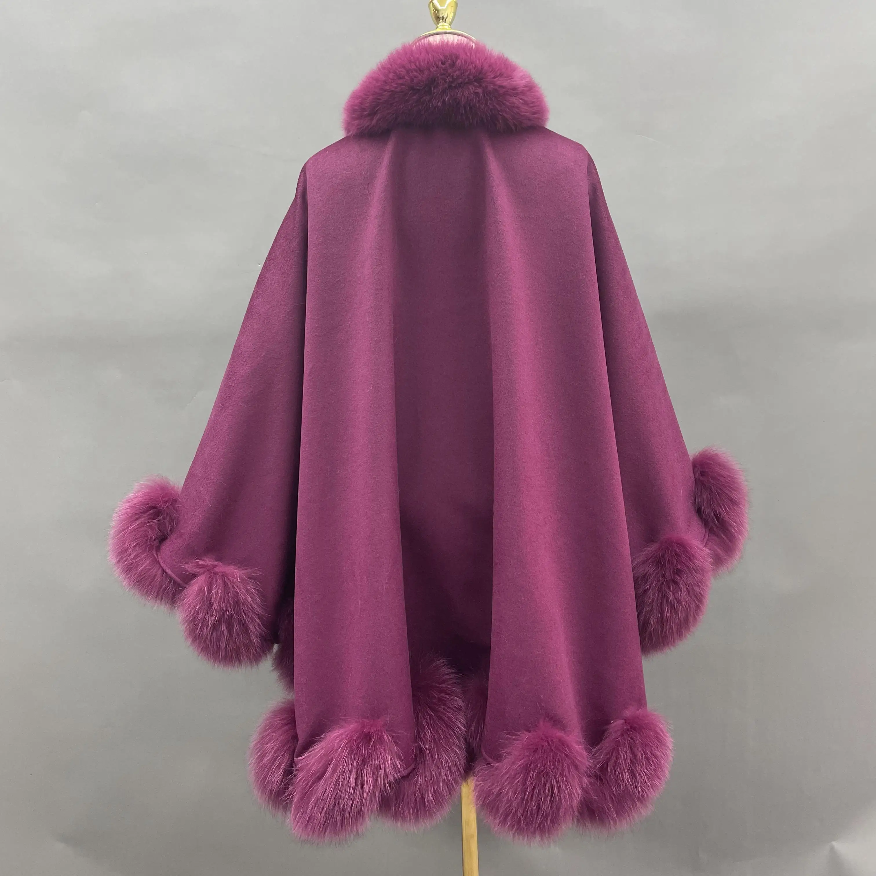 JANEFUR Cashmere Poncho Cape with Real Fox Fur 2023 New Fashion Luxury Soft Wool Cloak Elegant Ladies Winter Coat