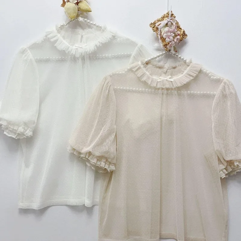 Japanese Rojita Sweet Style Short Sleeved Dot Gauze Stand Collar Puff Sleeves Inner Shirt Pullover Top Y2k Kawaii Blouse Ladies