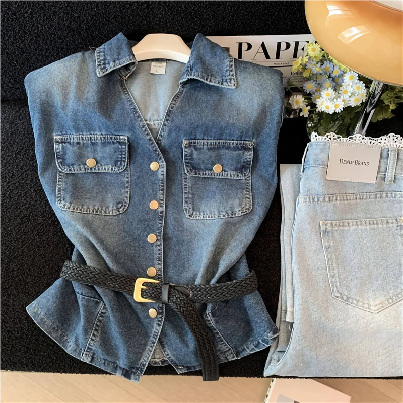 Summer Women Vintage Blue Slim Thin Denim Vest With Sashes Big Pocket Lapel Single-Breasted Sleeveless Cowboy Waistcoat Female
