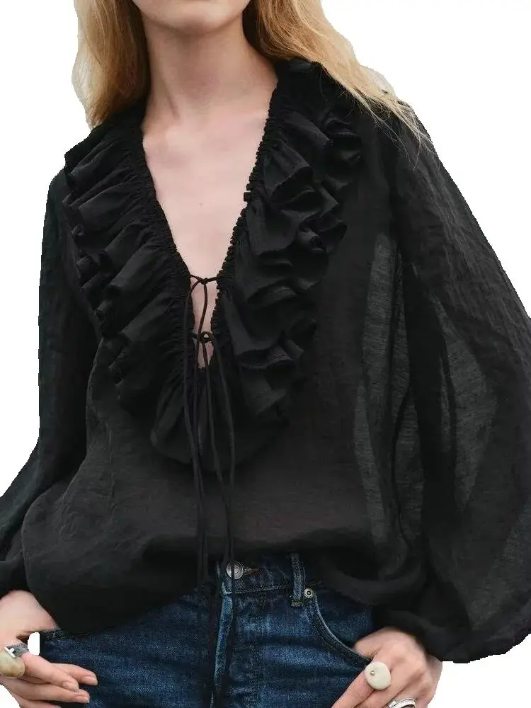 

2025 Women's High Street Translucent Loose Layered Blouses Lady Elegant Sweet V-neck Lace-up Ruffles Tierred Shirts Chic Tops