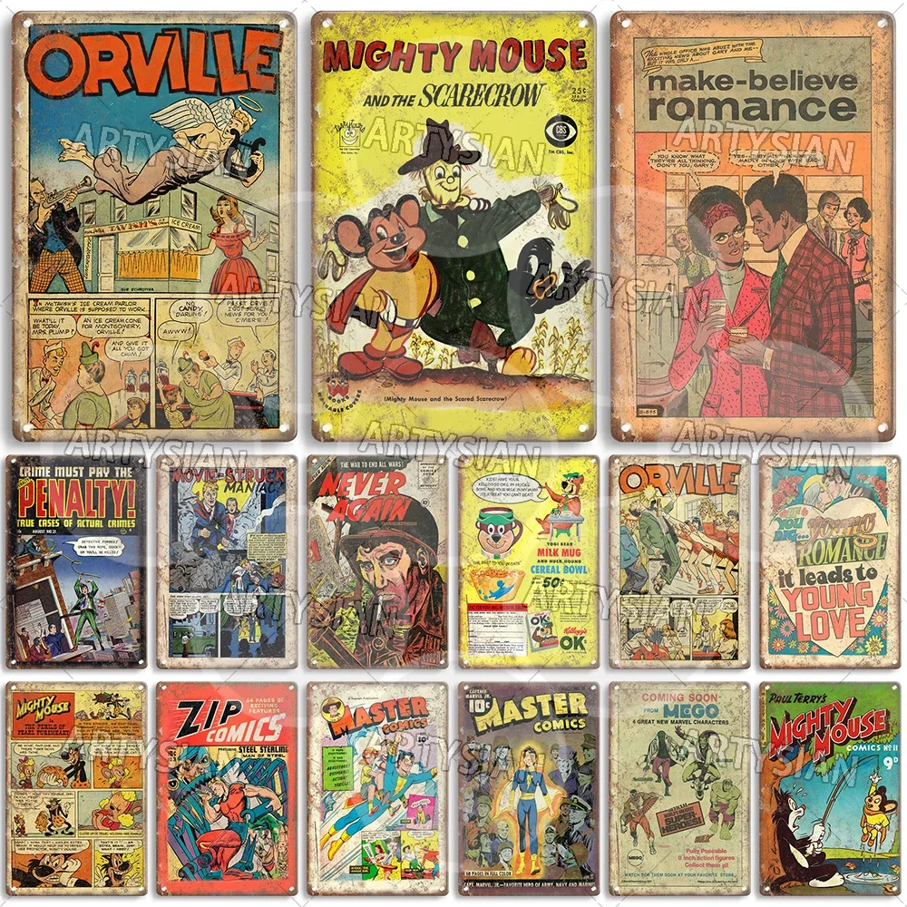 Comic Cover Metal Sign Orville Mighty Mouse Masked Raider Masters of the Universe Young Romance Make-Believe Romance Plaque