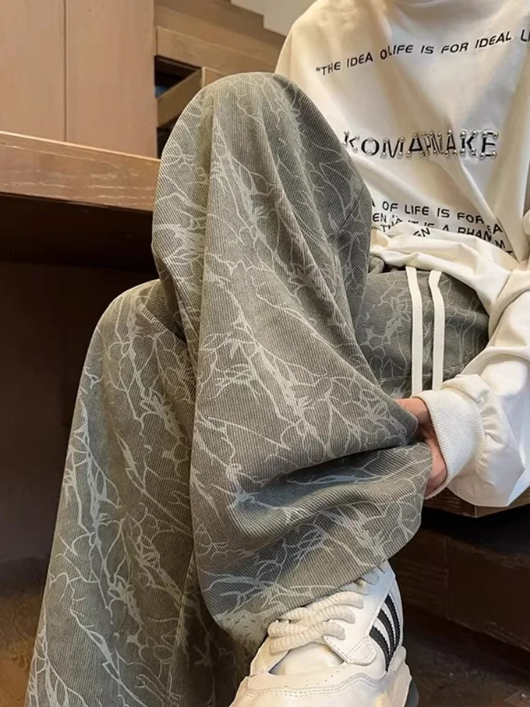 

Men's Corduroy Pants Spring Autumn American Retro Dyed Camouflage Wide Leg Casual Sports Straight Leg Drapey Loose Fit