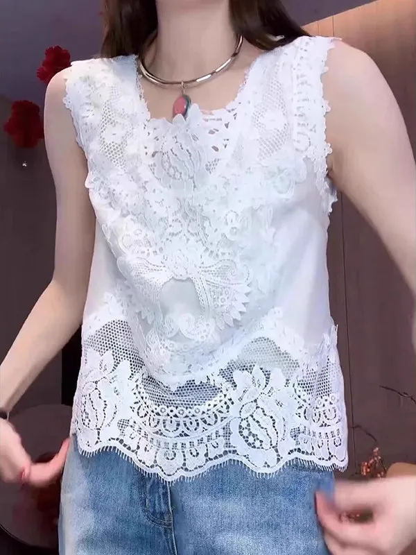 レース刺繍中空ベストトップ レディース 夏 ハイエンドデザイン スリムベースタンクトップ 通勤 スリーブルーズフィット 薄手モデル