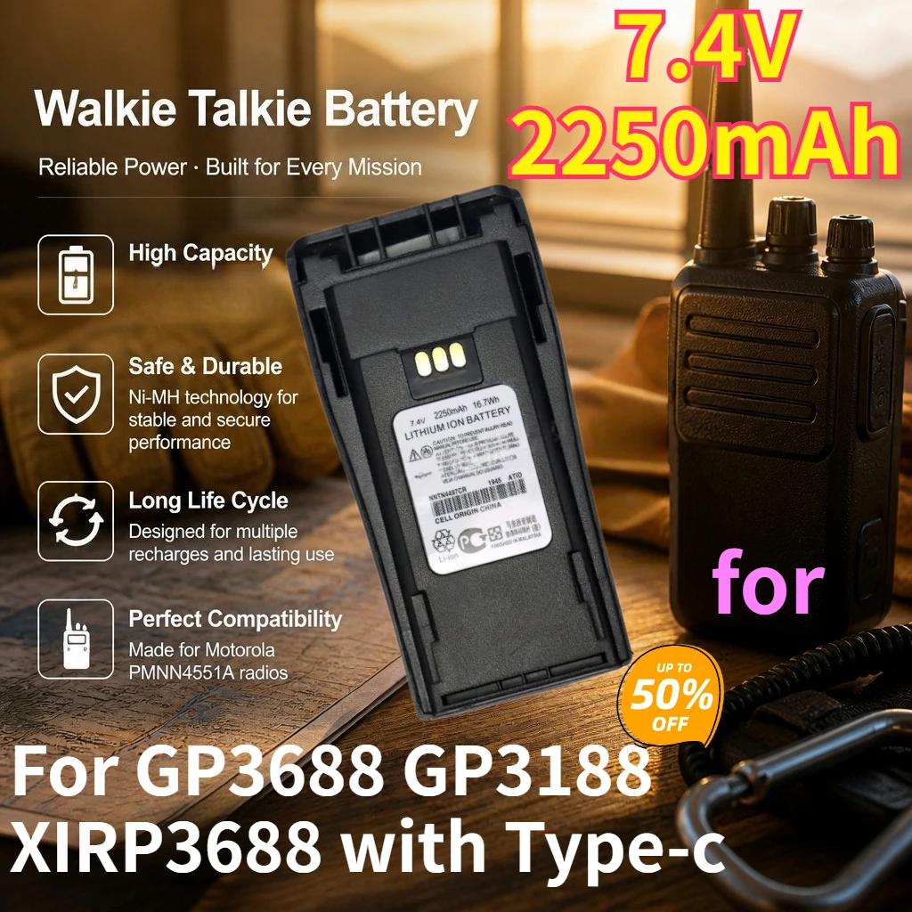 Walkie Talkie Batteries with Type-C 7.4V 2250mAh Battery for GP3688/GP3188/XIR P3688 Replacement Rechargeable Lithium Battery