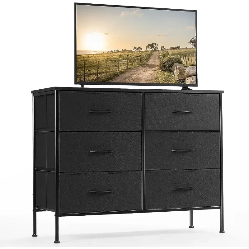 TV Stand for Bedroom Chest of Dresser with 6 Fabric Drawers Storage Organizers Units, Nightstand for Kids'room, Black