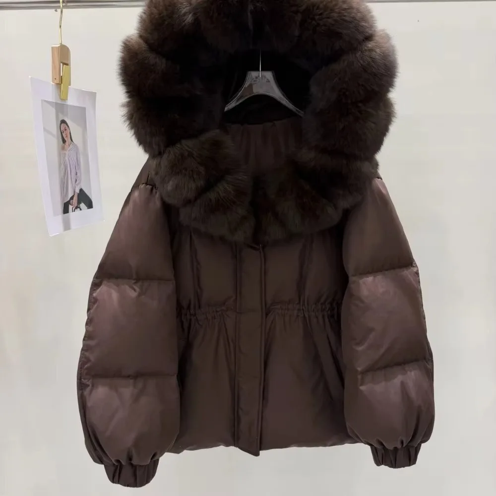 OFTBUY 90% White Duck Down Real Fox Fur Puffer Coat Drawstring Waist Winter Outerwear For Cold Weather Women Short Down Parka