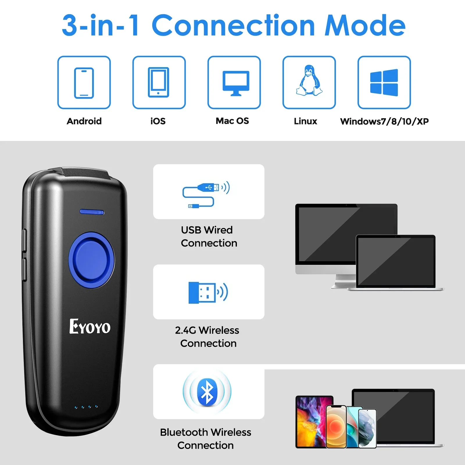 Imagem -04 - Mini Barcode Scanner 1d 2d 2.4g sem Fio Bar Code Scanner Android Ios Windows Bluetooth Ccd Laser Reader Eyoyo-ey023