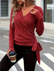 Simple Red Blouse Women Casual Spring V-Neck Tie Up Long Sleeve Top Lady Slim T-Shirt