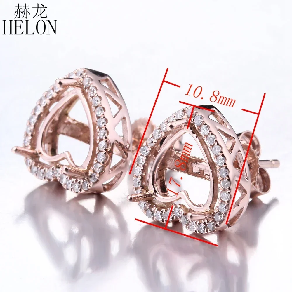 HELON Solid 14k Rose Gold Natural Diamonds Semi Mount Engagement Wedding Stud Earrings Women Jewelry Setting Fit Heart cut 7-9mm