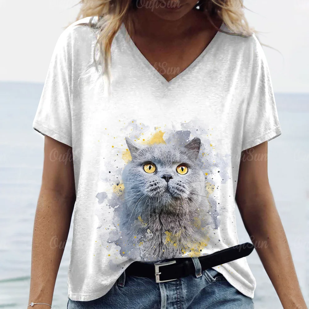 Cute Summer Clothing V-Neck Short Sleeve T-Shirts Plus Size T Shirt 3d Animals Printing Tops Casual Pullover Tee Women\'s Clothin