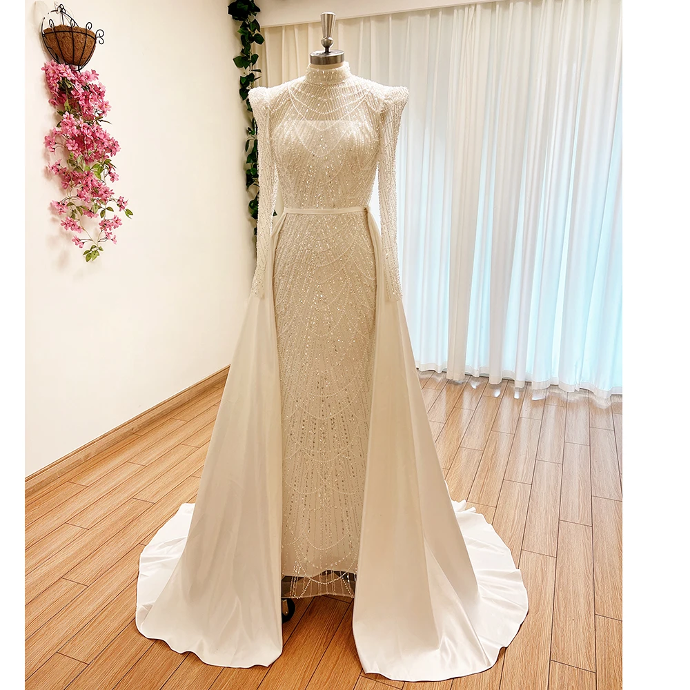 Elegant Wedding Evening Dress for Women 2024 Long Sleeves Mermaid Detachable Train Pearls Formal Prom Party Gowns Customized