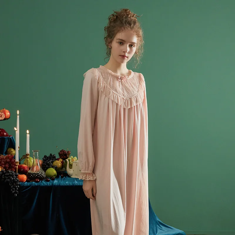 

Royal Vintage Long Nightgowns For Women Long Sleeve Solid Color Elegant Delicate Sleepwear Spring Autumn Home Wear