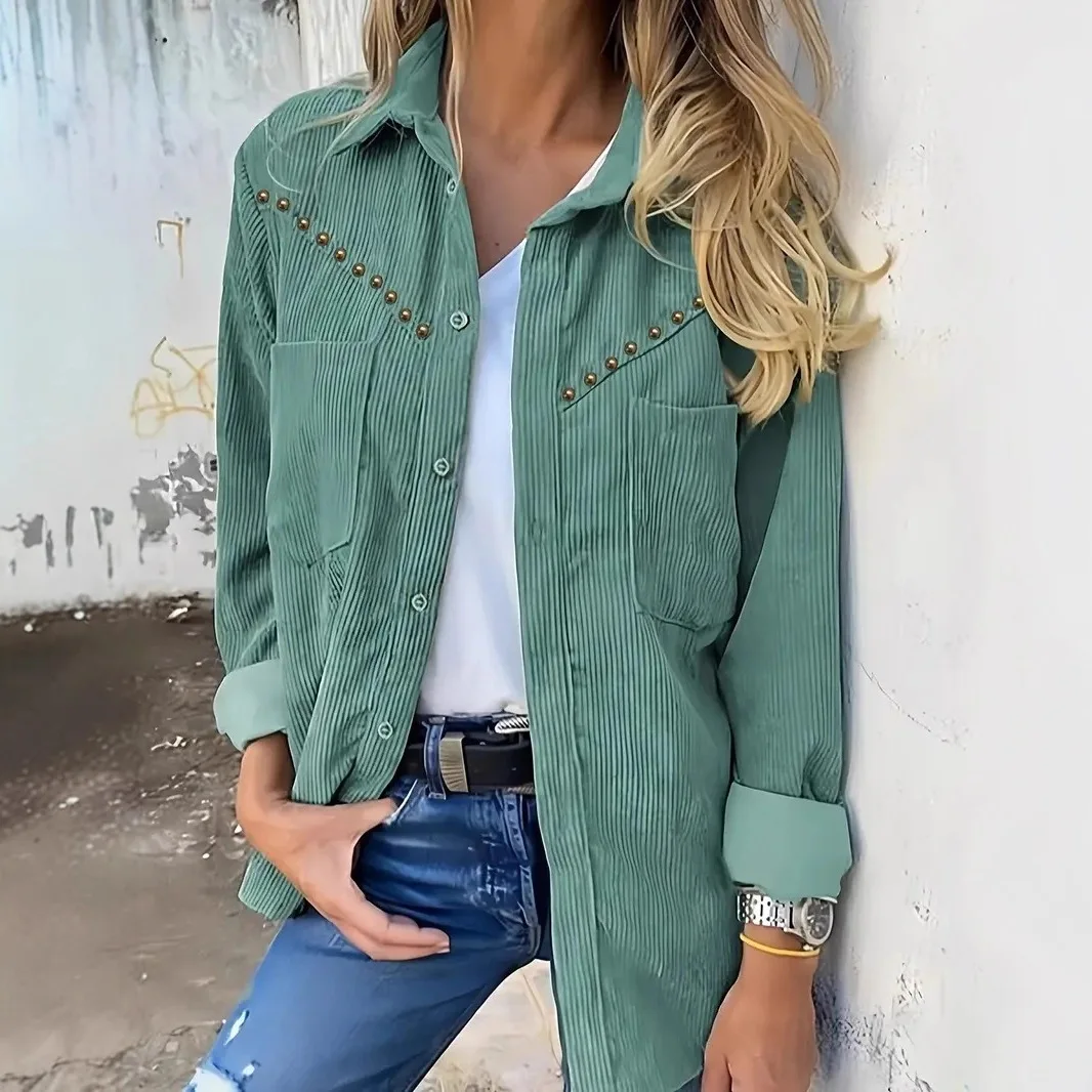Studded Corduroy Shacket Button Down Turn Down Collar Long Sleeve Pockets Loose Fit Casual Commute Fall Winter Outerwear Jacket
