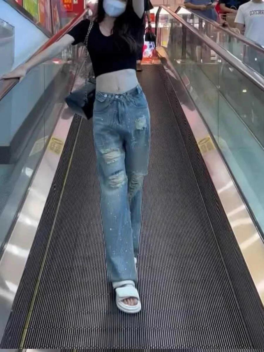 

High Waist Straight Leg Diamond Embellied Hole Denim Jeans Women's Summer Thin Slimming Drapey Wide Leg Trendy Jeans