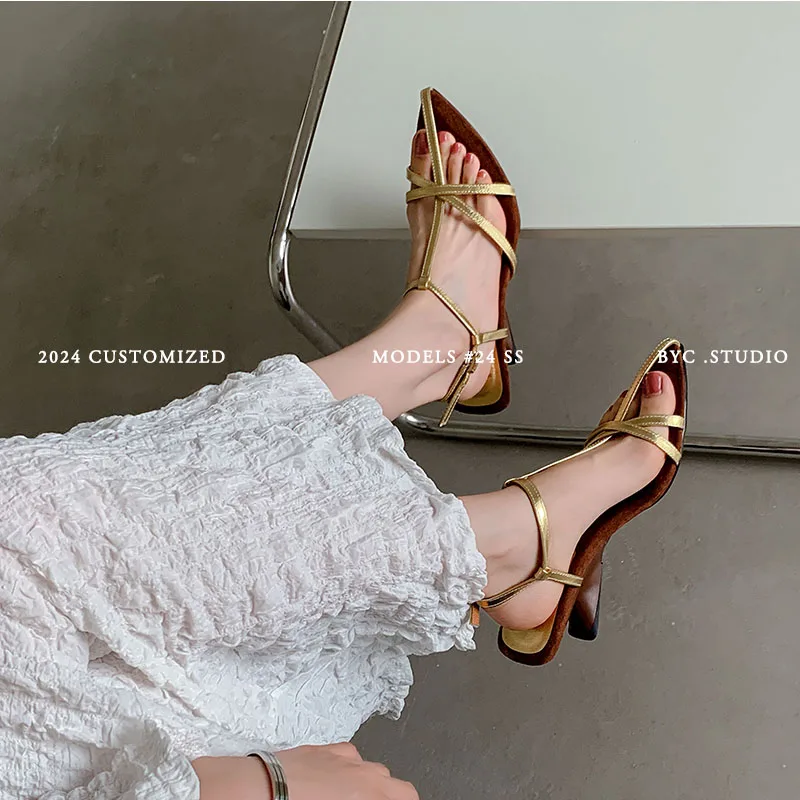 Summer Shoes Narrow Band Sexy Sandals Strange Heels Women Sandals Pointed Toe Ladies Concise Footwear Summer Gold Beige Shoes
